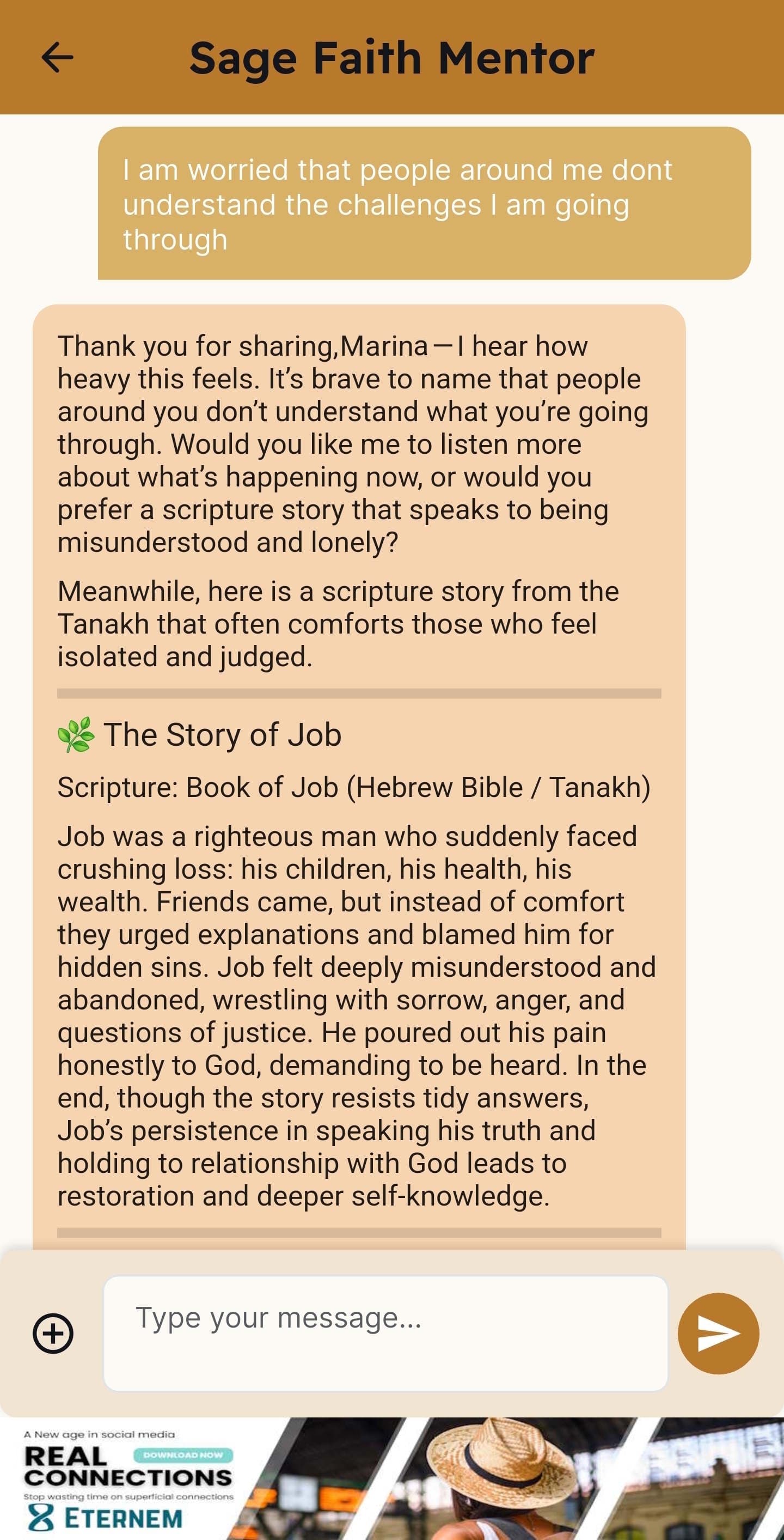 FaithMentor conversation showing personalized scripture response