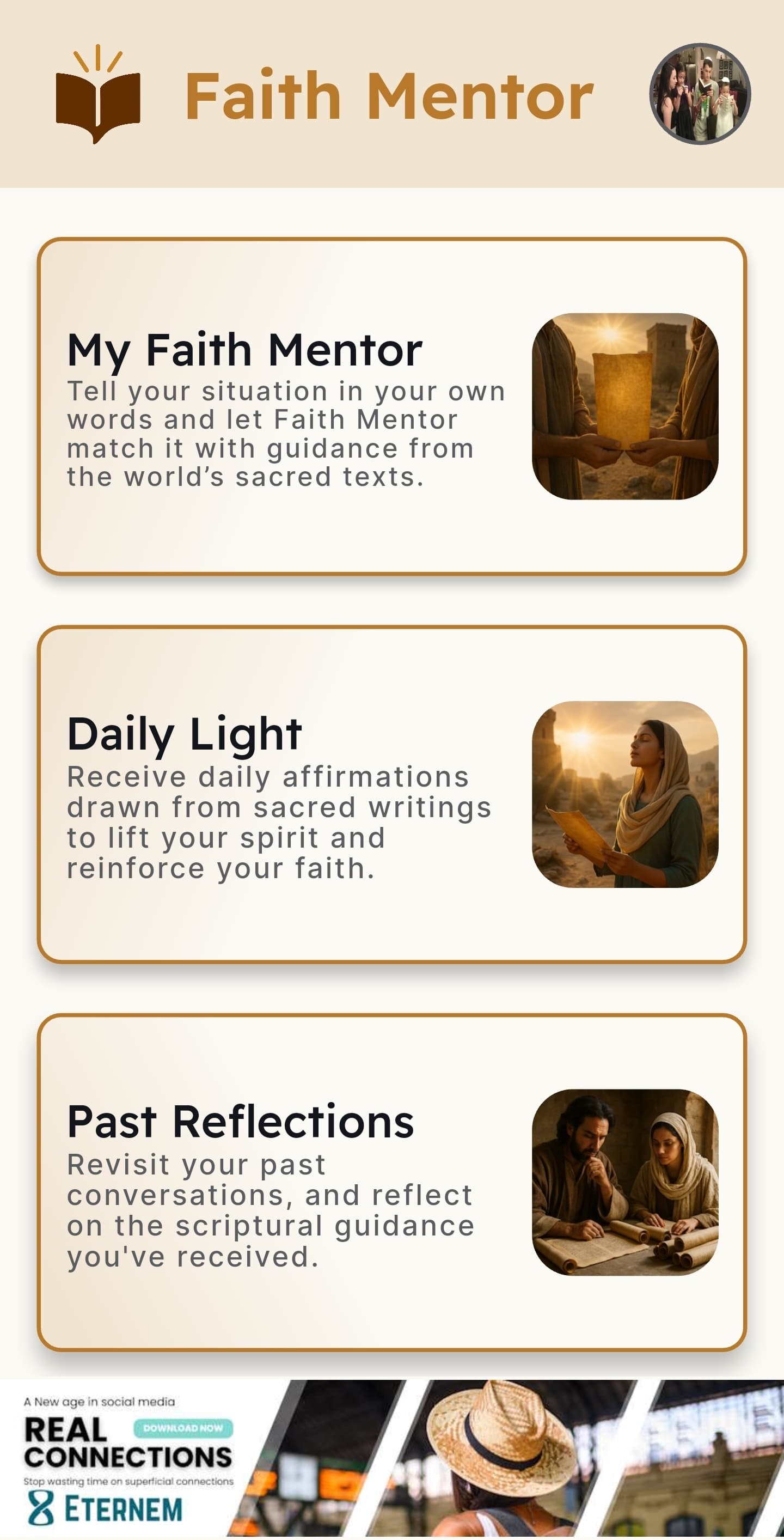 FaithMentor home screen with three main features